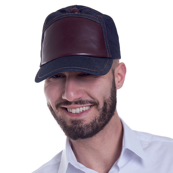 Jeans cap with faux leather inserts
