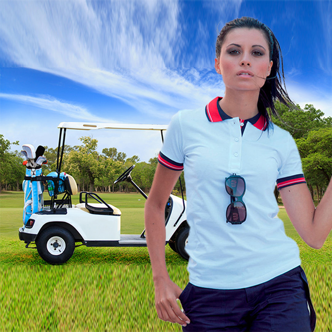 Women's elasticated polo shirt with glasses holder ring