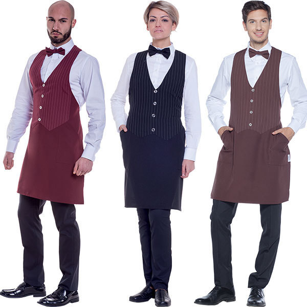 Apron with bib section to vest for Waiter Bar Restaurant Beige Maroon 